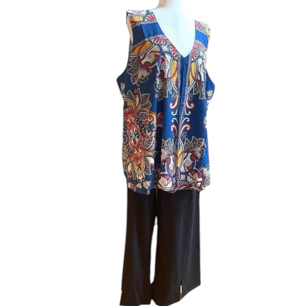 Suzanne Betro 2-Piece Set 4X NWT | Scarf Print Sleeveless Top & Black Crop Pants